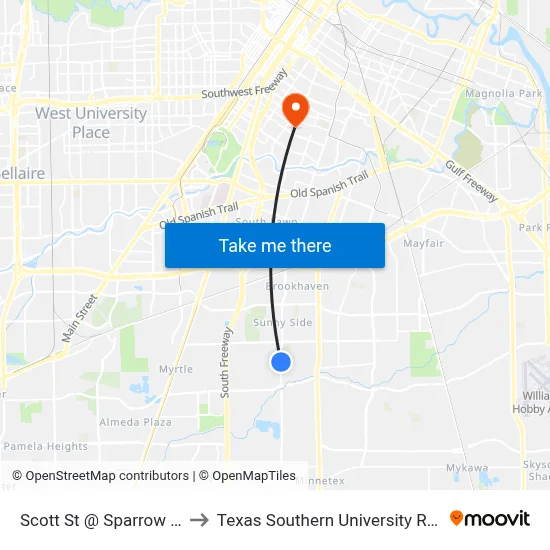Scott St @ Sparrow St to Texas Southern University REC map