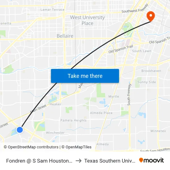 Fondren @ S Sam Houston W Pkwy MB to Texas Southern University REC map