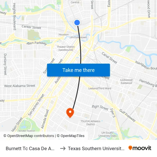 Burnett Tc Casa De Amigos to Texas Southern University REC map