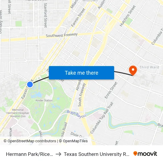 Hermann Park/Rice U to Texas Southern University REC map