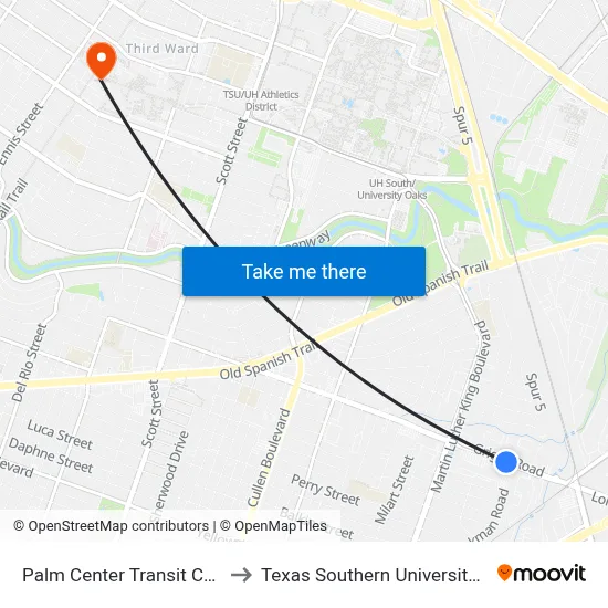 Palm Center Transit Center to Texas Southern University REC map