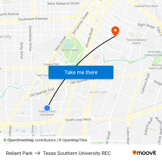 Reliant Park to Texas Southern University REC map
