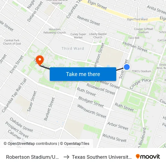 Robertson Stadium/Uh/Tsu to Texas Southern University REC map