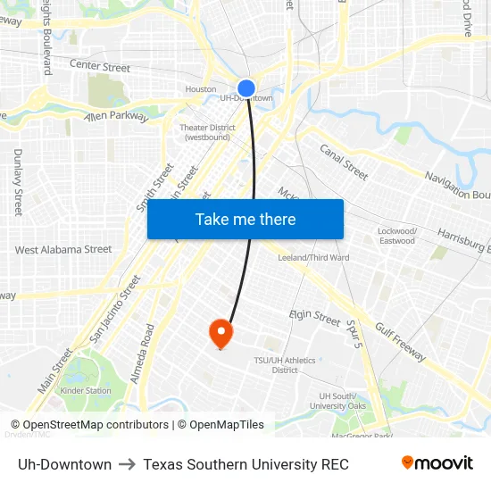 Uh-Downtown to Texas Southern University REC map