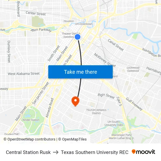 Central Station Rusk to Texas Southern University REC map