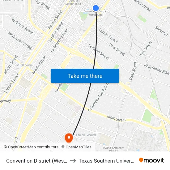 Convention District (Westbound) to Texas Southern University REC map