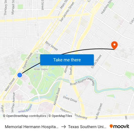 Memorial Hermann Hospital/Houston Zoo to Texas Southern University REC map