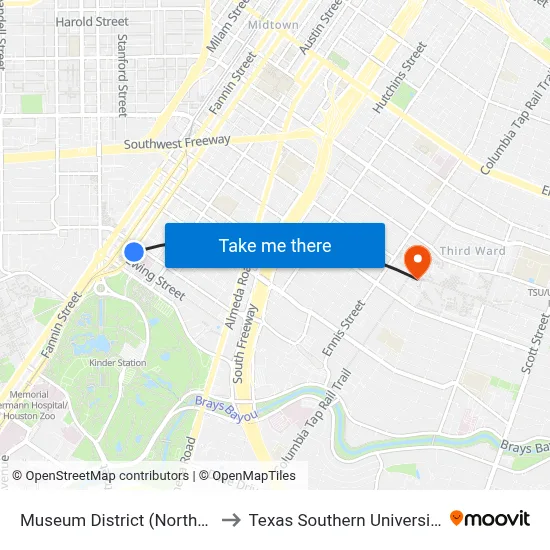 Museum District (Northbound) to Texas Southern University REC map