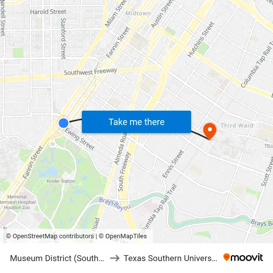 Museum District (Southbound) to Texas Southern University REC map