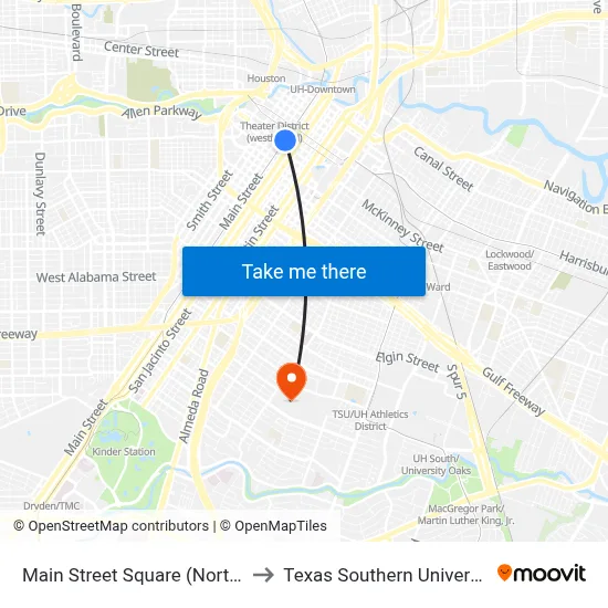 Main Street Square (Northbound) to Texas Southern University REC map