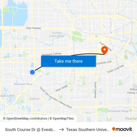 South Course Dr @ Evesborough MB to Texas Southern University REC map