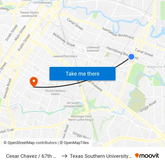 Cesar Chavez / 67th St Eb to Texas Southern University REC map