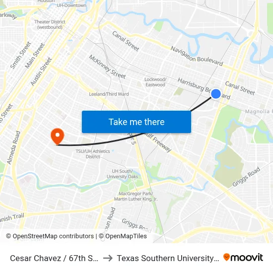 Cesar Chavez / 67th St Wb to Texas Southern University REC map