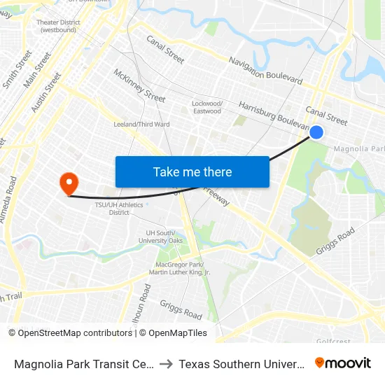 Magnolia Park Transit Center Wb to Texas Southern University REC map