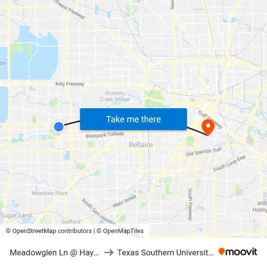 Meadowglen Ln @ Hayes Rd to Texas Southern University REC map