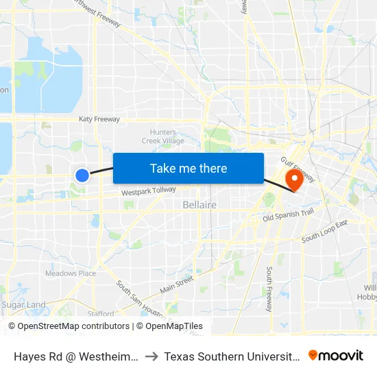 Hayes Rd @ Westheimer Rd to Texas Southern University REC map