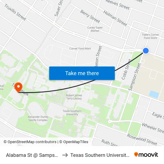 Alabama St @ Sampson St to Texas Southern University REC map