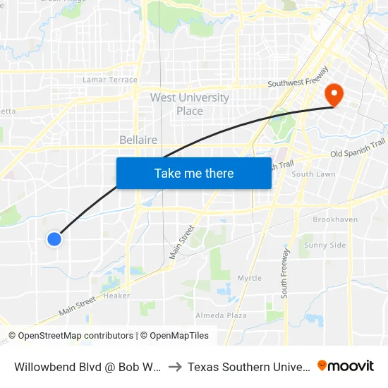 Willowbend Blvd @ Bob White Dr MB to Texas Southern University REC map