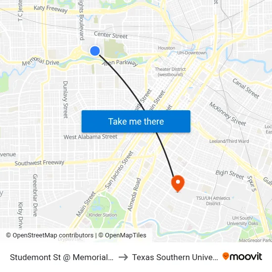 Studemont St @ Memorial Crest Blvd to Texas Southern University REC map