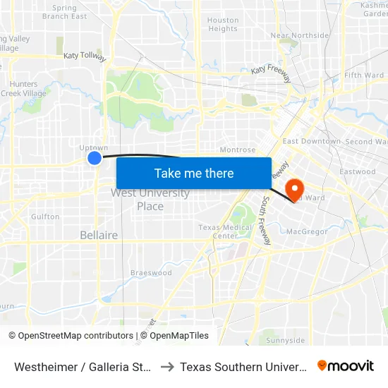 Westheimer / Galleria Station Nb to Texas Southern University REC map
