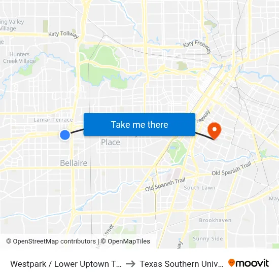 Westpark / Lower Uptown Transit Center to Texas Southern University REC map