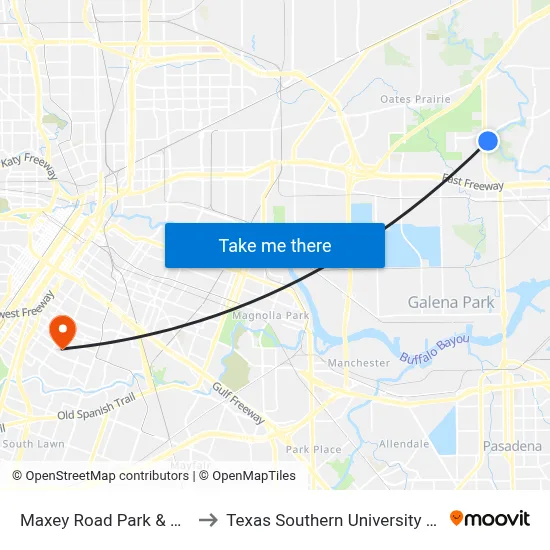 Maxey Road Park & Ride to Texas Southern University REC map