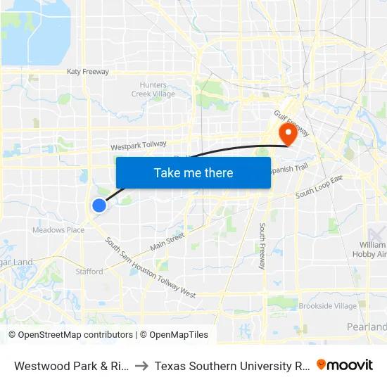Westwood Park & Ride to Texas Southern University REC map