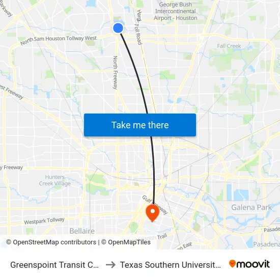 Greenspoint Transit Center to Texas Southern University REC map