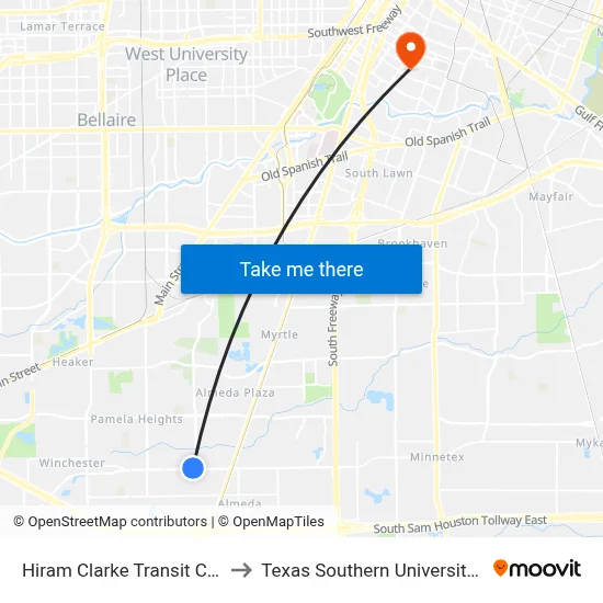 Hiram Clarke Transit Center to Texas Southern University REC map