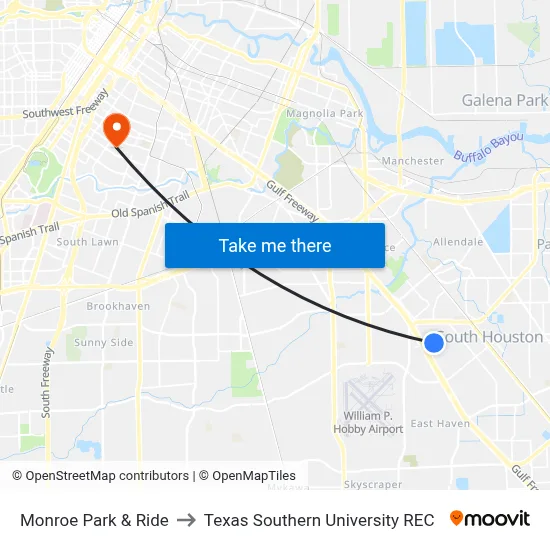 Monroe Park & Ride to Texas Southern University REC map