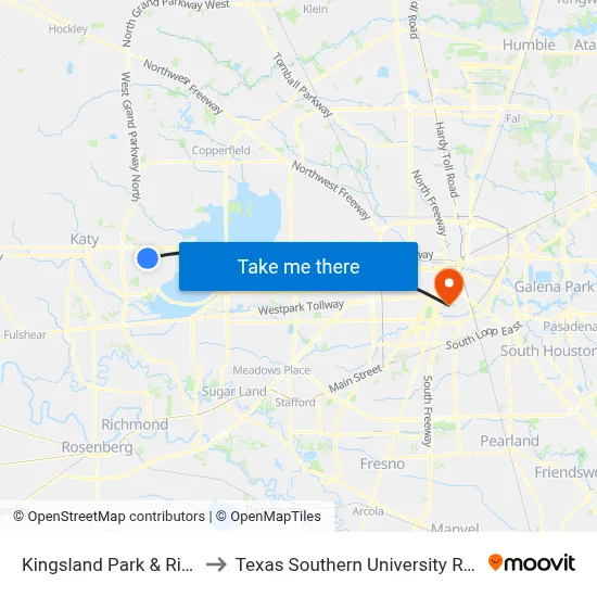 Kingsland Park & Ride to Texas Southern University REC map
