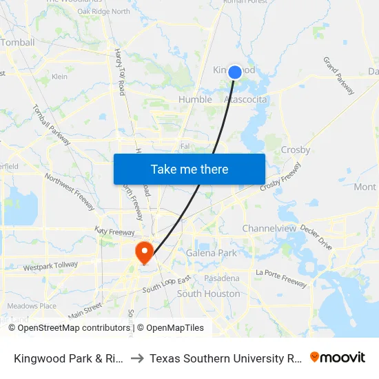 Kingwood Park & Ride to Texas Southern University REC map