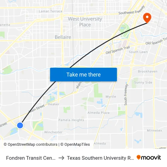 Fondren Transit Center to Texas Southern University REC map