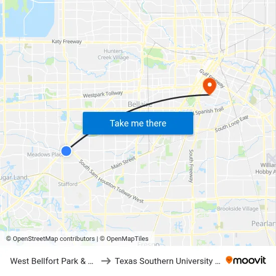 West Bellfort Park & Ride to Texas Southern University REC map