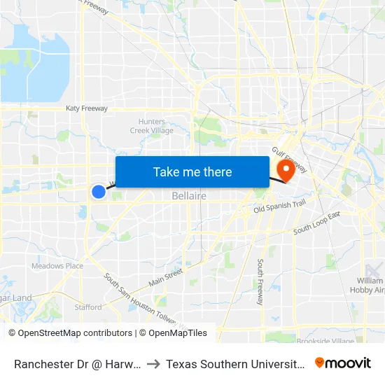 Ranchester Dr @ Harwin Dr to Texas Southern University REC map