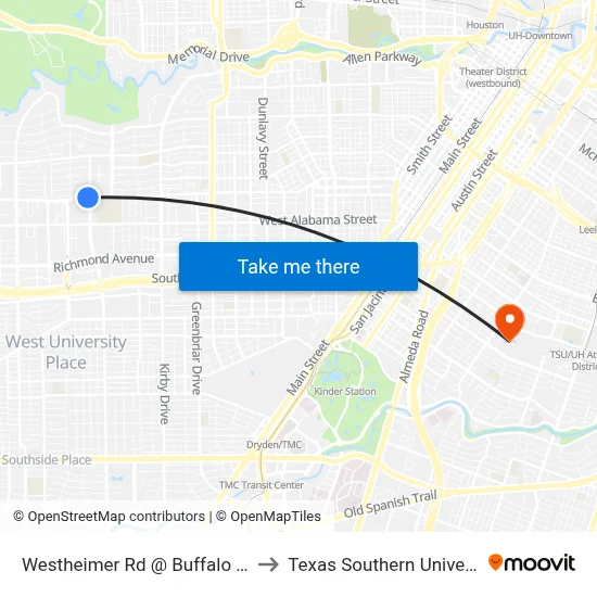 Westheimer Rd @ Buffalo Speedway to Texas Southern University REC map