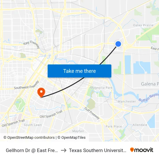 Gellhorn Dr @ East Freeway to Texas Southern University REC map
