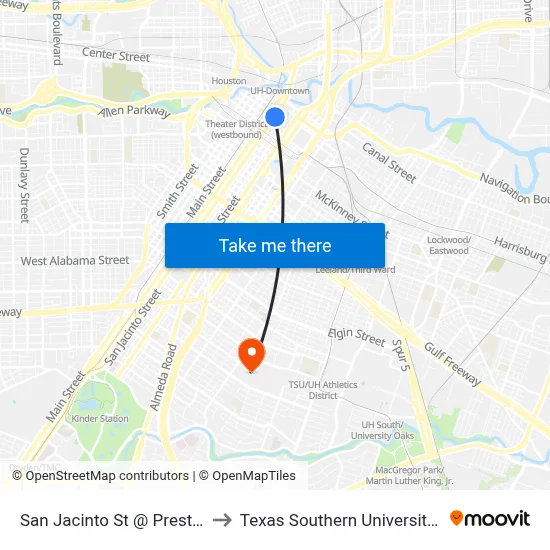 San Jacinto St @ Preston St to Texas Southern University REC map