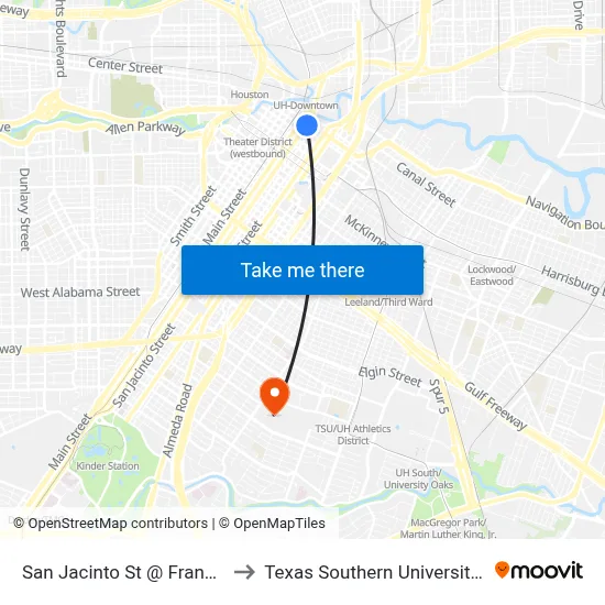 San Jacinto St @ Franklin St to Texas Southern University REC map