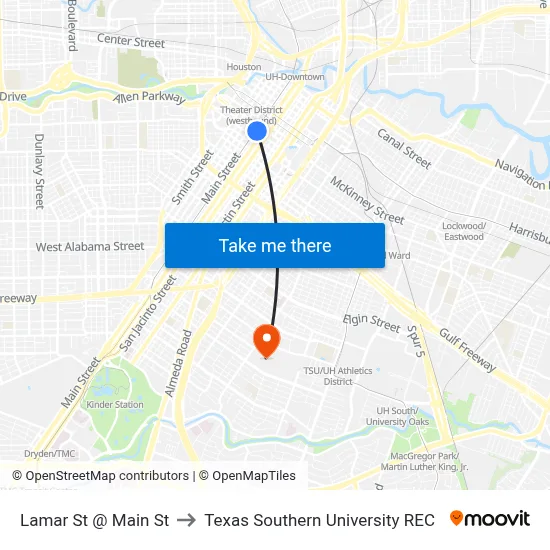 Lamar St @ Main St to Texas Southern University REC map