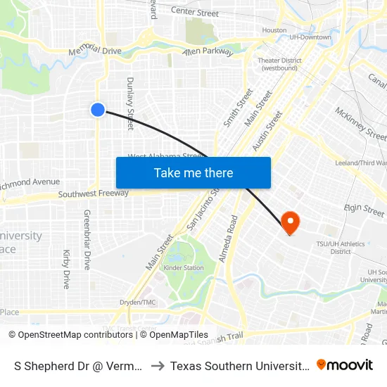 S Shepherd Dr @ Vermont St to Texas Southern University REC map
