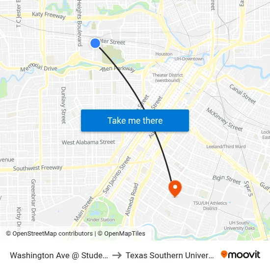 Washington Ave @ Studemont St to Texas Southern University REC map
