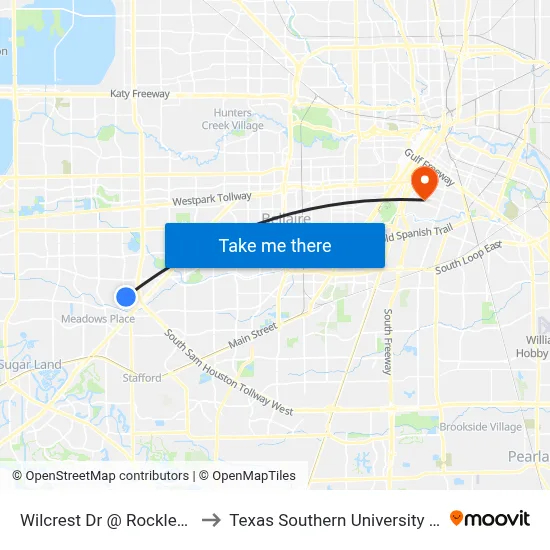Wilcrest Dr @ Rockley Rd to Texas Southern University REC map