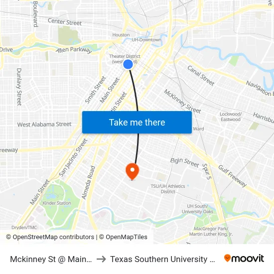 Mckinney St @ Main St to Texas Southern University REC map