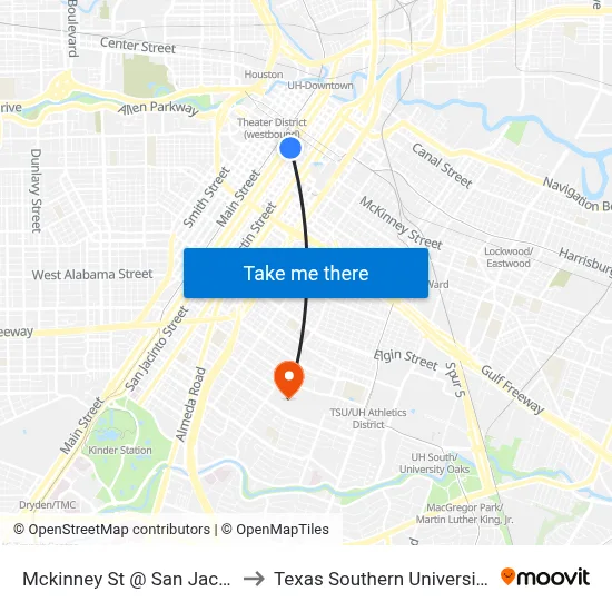 Mckinney St @ San Jacinto St to Texas Southern University REC map