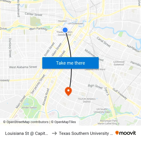 Louisiana St @ Capitol St to Texas Southern University REC map