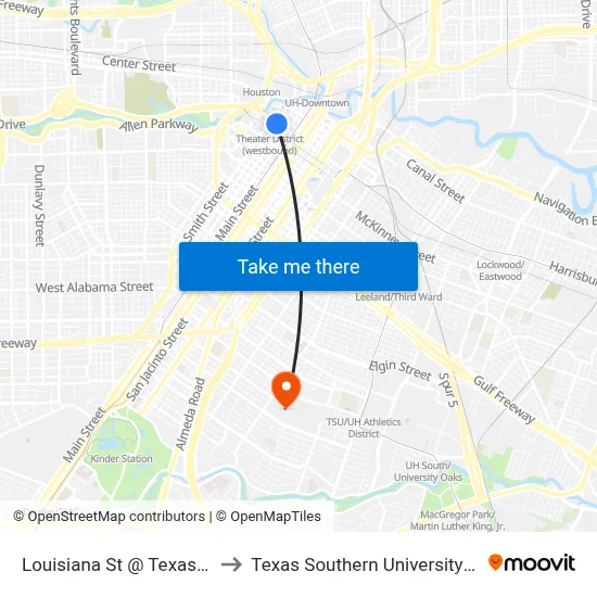 Louisiana St @ Texas Ave to Texas Southern University REC map