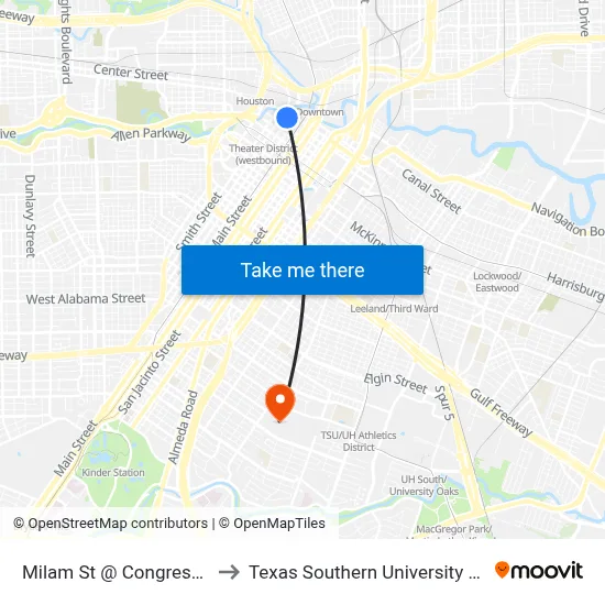 Milam St @ Congress St to Texas Southern University REC map
