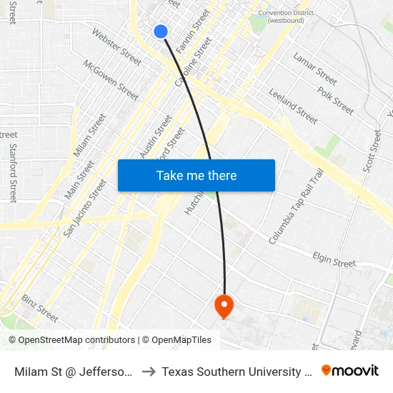 Milam St @ Jefferson St to Texas Southern University REC map