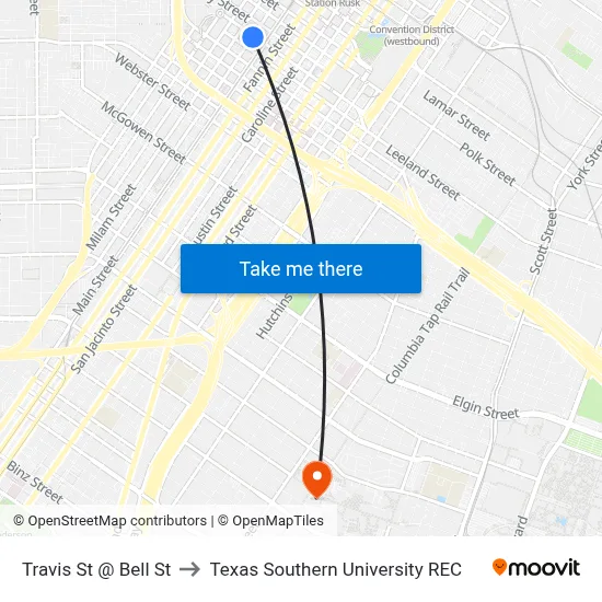 Travis St @ Bell St to Texas Southern University REC map